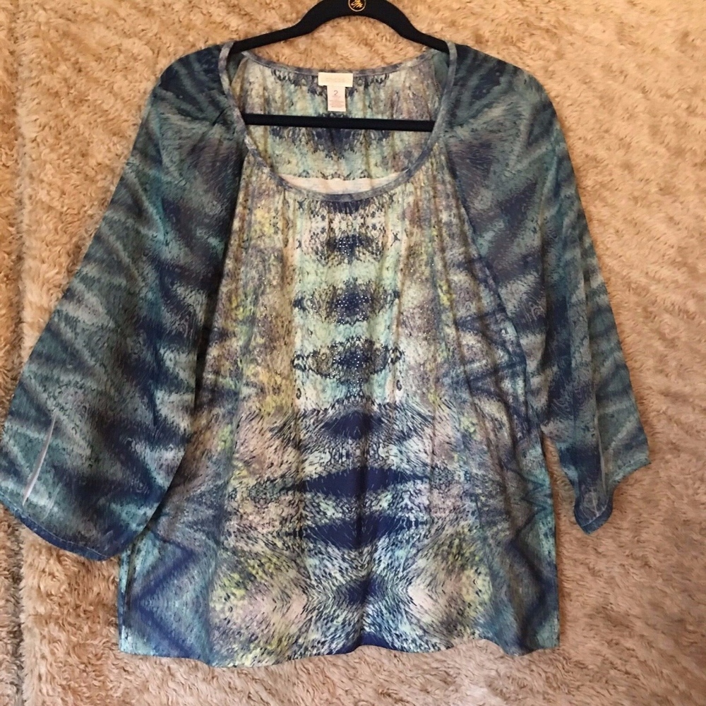 CHICOS GREENS BLUES OMBRE CRYSTAL TUNIC TIE-DYE